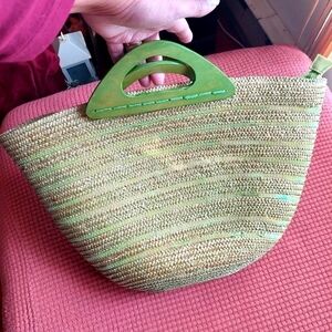 Vintage Pia Rossini Green Squins and Straw Basket Summer Tote
